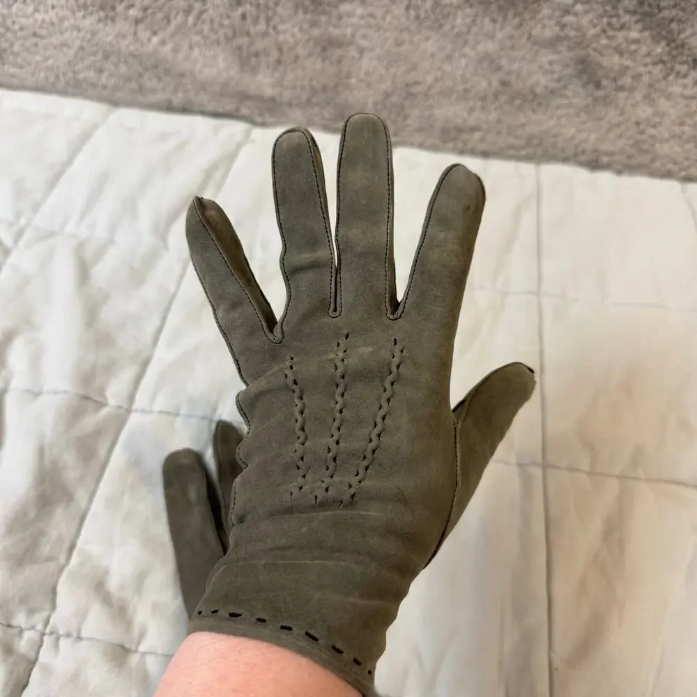 Vintage H&P Green Gray Suede Driving Gloves women's Ladies Soft Unlined